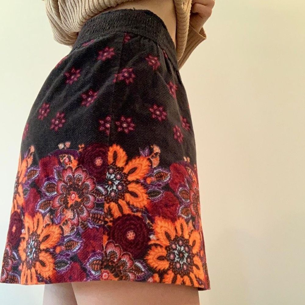 Free People Floral Boho Corduroy Shirred Elastic Waist Colourful Y2K  Mini Skirt